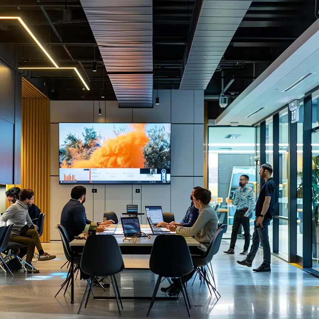 a dynamic office environment filled with sleek laptops, vibrant digital displays, and focused professionals collaborating over strategic digital marketing plans embodies the essence of powering up your strategy for success.